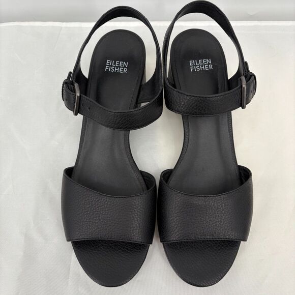 Eileen Fisher Pebbled Leather Slingback Block Heel Sandals, Sz 9.5 Black Classic - Picture 6 of 9